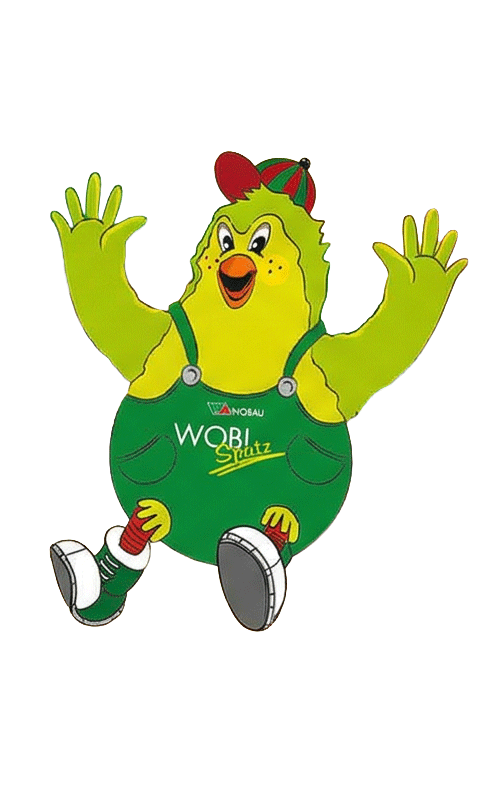 Das Maskottchen WOBI Spatz beim WOBAU Ferienspaß im Elbauenpark Magdeburg
