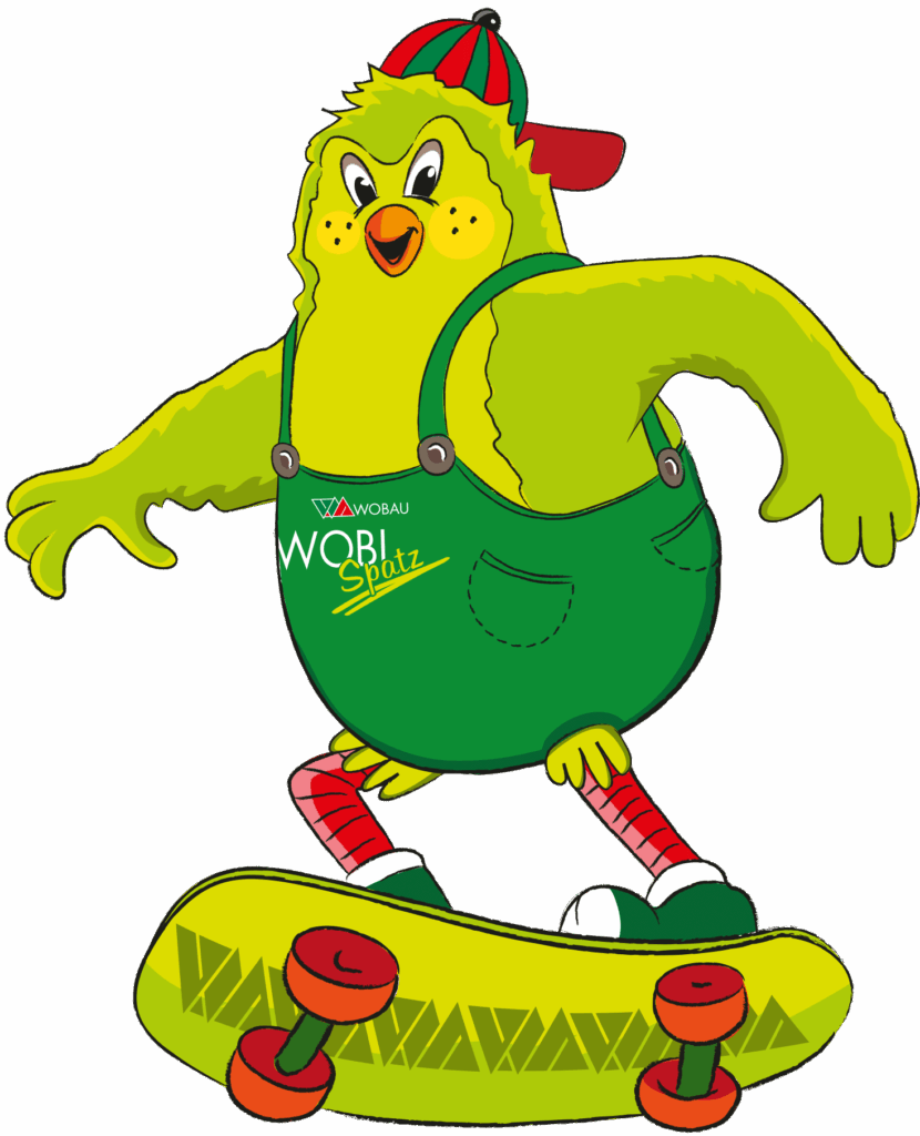 Das Maskottchen WOBI Spatz beim WOBAU Ferienspaß im Elbauenpark Magdeburg